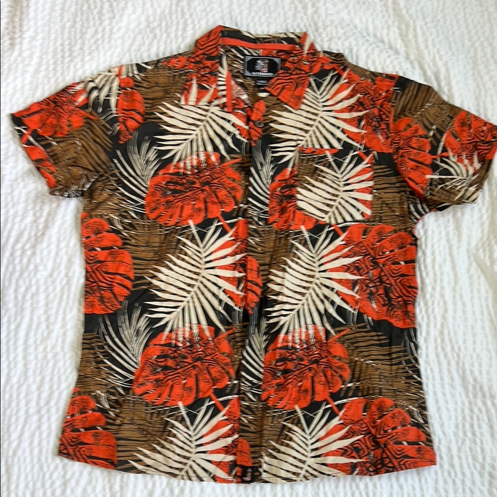 Hinano Orange and Brown Aloha Shirt Casual Button Down Shirt Tropical Print *